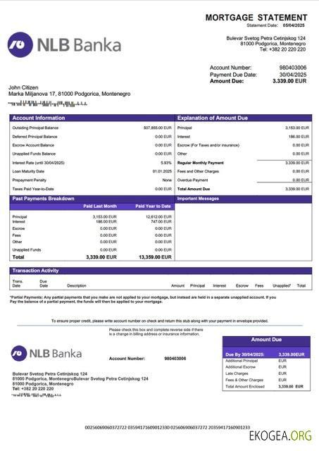 Monténégro NLB Banka Podgorica relevé hypothécaire Modèle Word et PDF